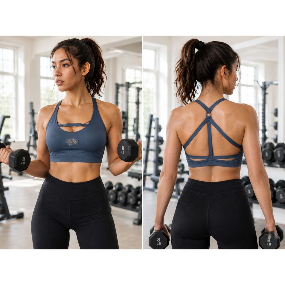 Nike Dri Fit L Gray Blue Indy Femme Strappy Light Support Stretch Sports Bra